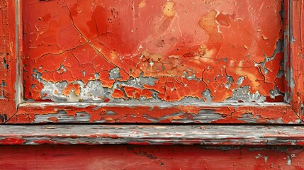 Meticulous High-Angle View of Vibrant Red Weather Stripping on Weathered Wooden Window Frame