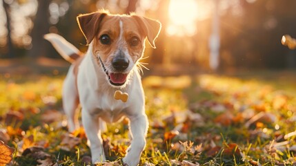 A cheerful dog with a bone-shaped tag playing in a sunlit autumn park, surrounded by colorful fallen leaves and warm sunlight.