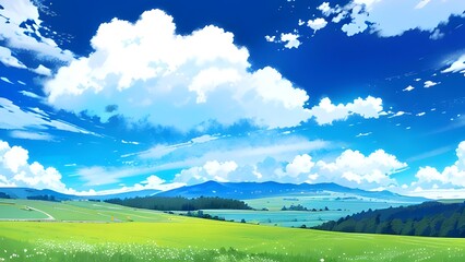 大きな雲の広がる草原の風景イラスト