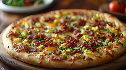 A breakfast pizza with scrambled eggs, bacon, and cheese on a crispy crust..stock image