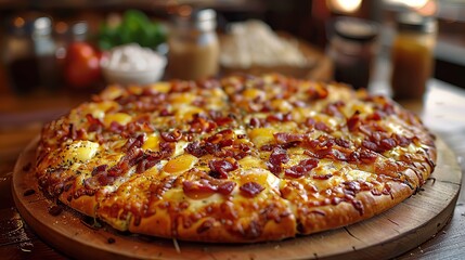 A breakfast pizza with scrambled eggs, bacon, and cheese on a crispy crust..illustration graphic