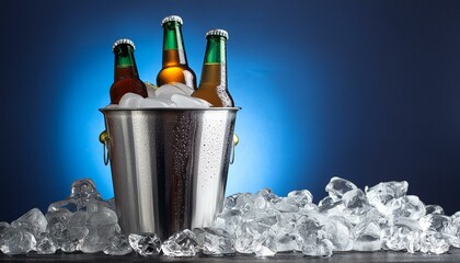 beer cans in a ice bucket on dark blue background