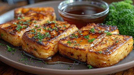 A plate of French toast sticks with a side of maple syrup for dipping..stock image