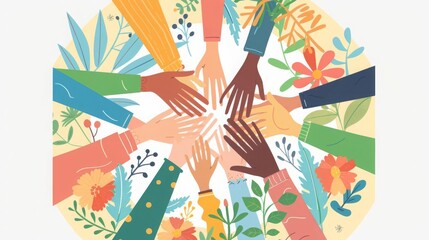 Hands of diverse group of people putting together Concept of cooperation, unity, togetherness, partnership, agreement, teamwork, social community or movement Flat cartoon vector illustration,