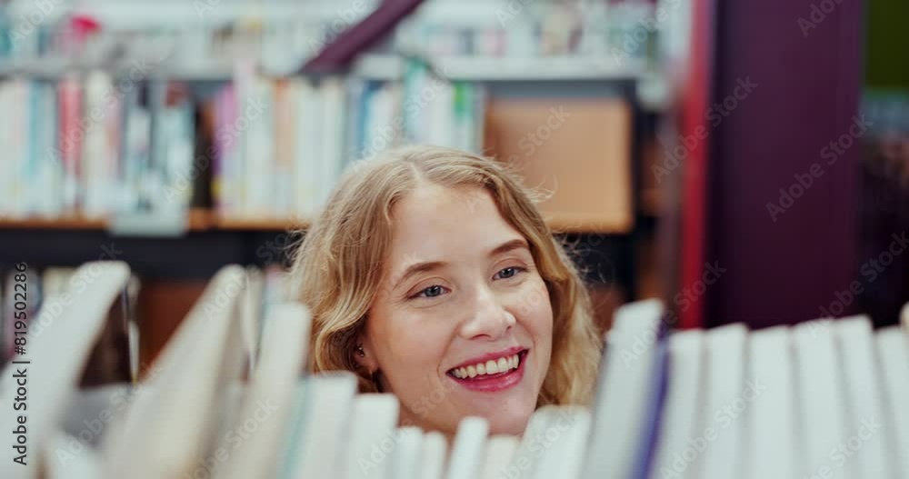 Poster Girl, smile and choice for book in library, studying and knowledge for assignment, college and goal. Store, discount and learning for writing project, university student and information for reading