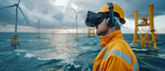 Engineer in safety gear using virtual reality headset near offshore wind turbines for renewable energy inspection.