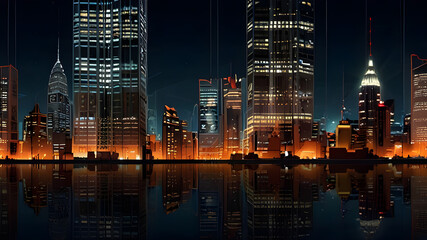 Fototapeta premium Glossy and artistic neon light effect urban landscapes of modern towering cities and Skyscrapers or Artistic textures and futuristic townscapes ai generative