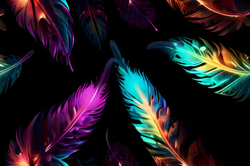 abstract neon vivid glow light feather in black background