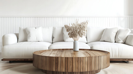 Circular wooden coffee table next to white sofa. Modern Scandinavian home decor for contemporary living room. White background removed.