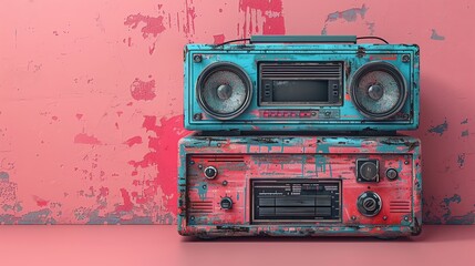 Retro vintage radios against a distressed pink background, showcasing an old-school aesthetic with vibrant colors.