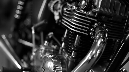 Close up of motorcycle engine, black and white scene .