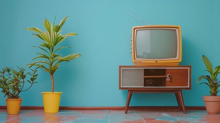 Vintage television on wooden stand with potted plants in bright colorful room, retro interior design, turquoise wall background.
