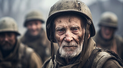 Old world war solder in the war, sad mood on face, closeup 
