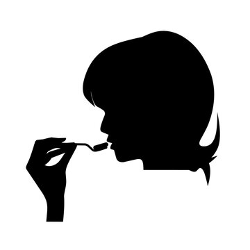 recommend clip art: Take medicine pill icon. Little girl's head with mouth and hands holding a spoon filled with medicine pills. Isolated on white background. Vector silhouette