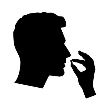 recommend clip art: Take medicine pill icon. Human head with open mouth and hand holding pills. Isolated on white background. Vector silhouette