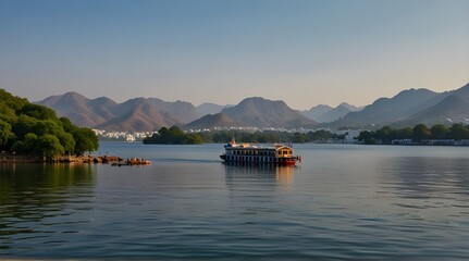 Mesmerizing view of Fateh Sagar Lake situated in the city of Udaipur, Rajasthan, India. It is an artificial lake popular for boating among tourist who visits City of lakes to enjoy vacations.generativ