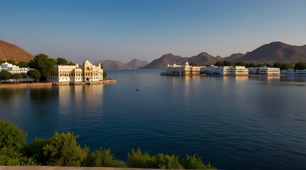 Mesmerizing view of Fateh Sagar Lake situated in the city of Udaipur, Rajasthan, India. It is an artificial lake popular for boating among tourist who visits City of lakes to enjoy vacations.generativ