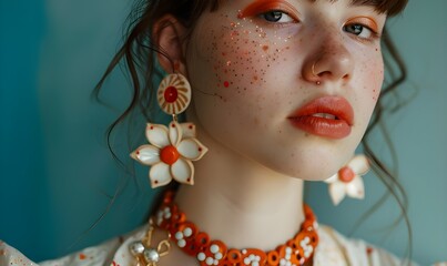 High Fashion Beauty Insane Detail and Vivid Fluorescent Makeup and jewelry. Jeweled Brilliance High Fashion Beauty Shot. 
Vibrant Glamour Insane Detail in Makeup and Jewelry