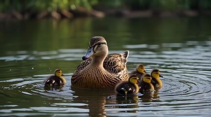 A group of adorable ducklings following their mother.generative.ai 