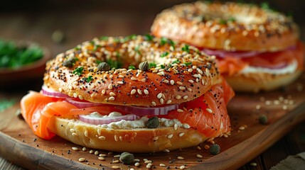 A bagel with cream cheese and smoked salmon, garnished with capers and red onions..stock image