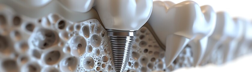 Close-up of a dental implant in a jawbone structure, showcasing its detailed integration with surrounding teeth and bone material.
