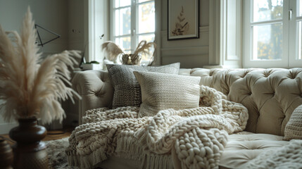 Cozy living room with a plush velvet sofa and a pile of fluffy knit throw pillows.