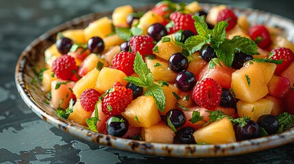 A fresh fruit salad with melon, pineapple, berries, and mint..stock photo