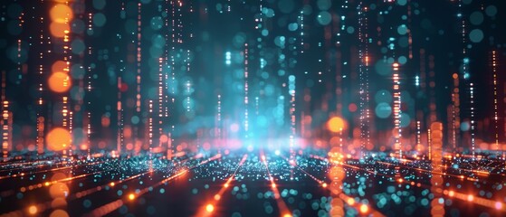 Obraz premium Futuristic digital landscape with glowing lines and particles, depicting advanced technology and innovation in a virtual environment.