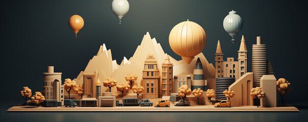 A beautiful 3D illustration of a city with mountains in the background and hot air balloons in the sky. The city is made of cardboard and has a warm, inviting feel.