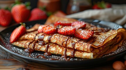 A plate of crepes filled with Nutella and sliced strawberries..stock image