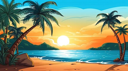 Obraz premium Palm trees on a sandy beach under a colorful tropical sunset, creating a peaceful atmosphere.