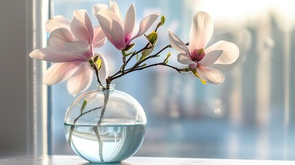 A transparent vase reveals the natural beauty of a blossoming magnolia.