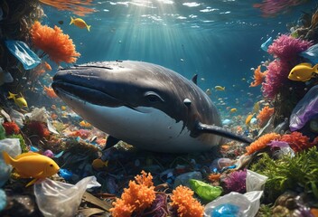 Marine Conservation: Whale in Plastic-Laden Ocean Amid Diverse Coral Reef Life