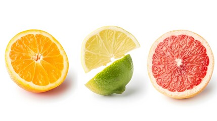Isolated citrus fruits. Pieces of lemon, lime, pink grapefruit and orange isolated on white background, with clipping path