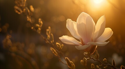 Gentle sunlight casts a warm glow on a solitary magnolia in bloom.
