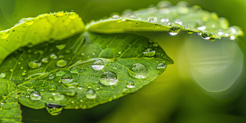 close up of water droplets on the edge of an vibrant green leaf, generative AI