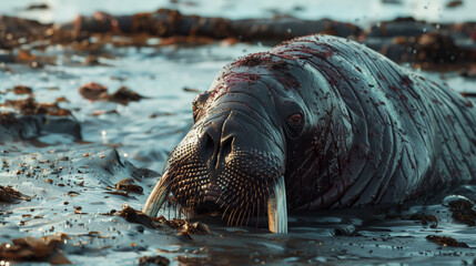 A walrus covered with oil lies on the seashore. An environmental disaster. The concept of pollution of natural water