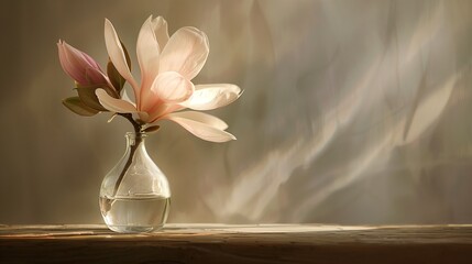 Soft morning light illuminates a delicate magnolia blossom in a glass vase.