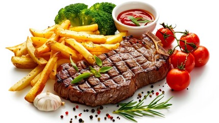 Steak, fries, veggies on white