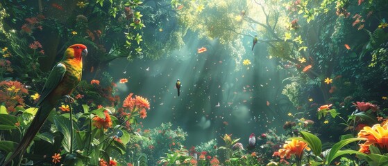 Lush tropical rainforest with vibrant flowers, sunlight streaming through trees, and colorful birds. A serene and lively natural scene.