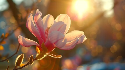 The delicate beauty of a magnolia blossom captured in radiant sunlight.