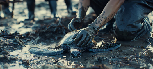 Obraz premium Caring people help a small turtle stuck in oil. A group of volunteers rescue wild animals on a polluted coast after an oil spill