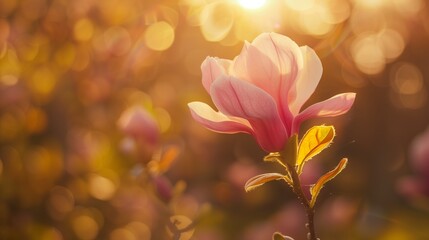 The gentle glow of sunlight enhances the beauty of a magnolia bloom.