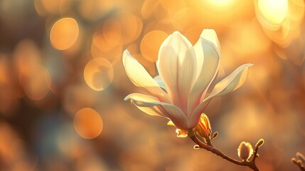Tranquil ambiance as sunlight dances on a solitary magnolia blossom.