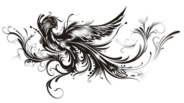 Flying chinese phoenix, , tattoo, sticker design, Black and white  vector illustration isolated on transparent background