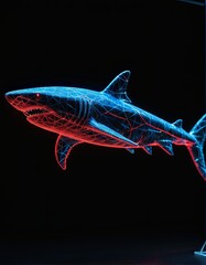 A neon shark wireframe glides over a black marbled background illuminated by red and blue lights.