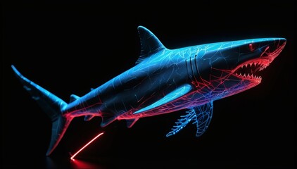 A neon shark wireframe glides over a black marbled background illuminated by red and blue lights.