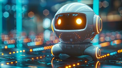 A cute, futuristic robot with glowing eyes stands on a digital background, symbolizing advanced technology and innovation.