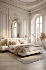 Fototapeta premium Contemporary Urban Bedroom Oasis with White Aesthetic