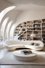 Futuristic Minimalist Living Room with Curved Sofa and Sculptural Bookshelves